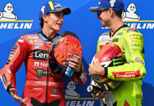 Marc Marquez, on the left, and Fabio Di Giannantonio, on the right,, in parc ferné after MotoGP qualifying session. Photo courtesy Dorna.