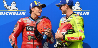 Marc Marquez, on the left, and Fabio Di Giannantonio, on the right,, in parc ferné after MotoGP qualifying session. Photo courtesy Dorna.