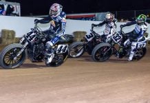 Mission AFT SuperTwins rider Brandon Robinson (44) leads Dallas Daniels (32) and Briar Bauman (3) during the Main Event during Round 11 in Sturgis Tuesday night. Photo by Tim Lester / courtesy American Flat Track