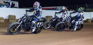 AFT: Robinson Wins Dramatic Jackpine Gypsies Short Track II Mission AFT SuperTwins rider Brandon Robinson (44) leads Dallas Daniels (32) and Briar Bauman (3) during the Main Event during Round 11 in Sturgis Tuesday night. Photo by Tim Lester / courtesy American Flat Track