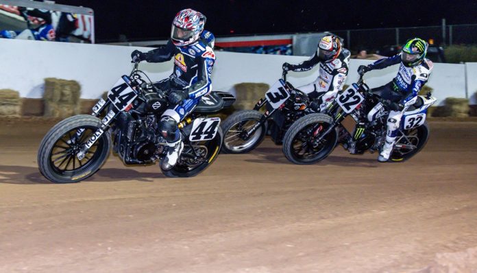 Mission AFT SuperTwins rider Brandon Robinson (44) leads Dallas Daniels (32) and Briar Bauman (3) during the Main Event during Round 11 in Sturgis Tuesday night. Photo by Tim Lester / courtesy American Flat Track