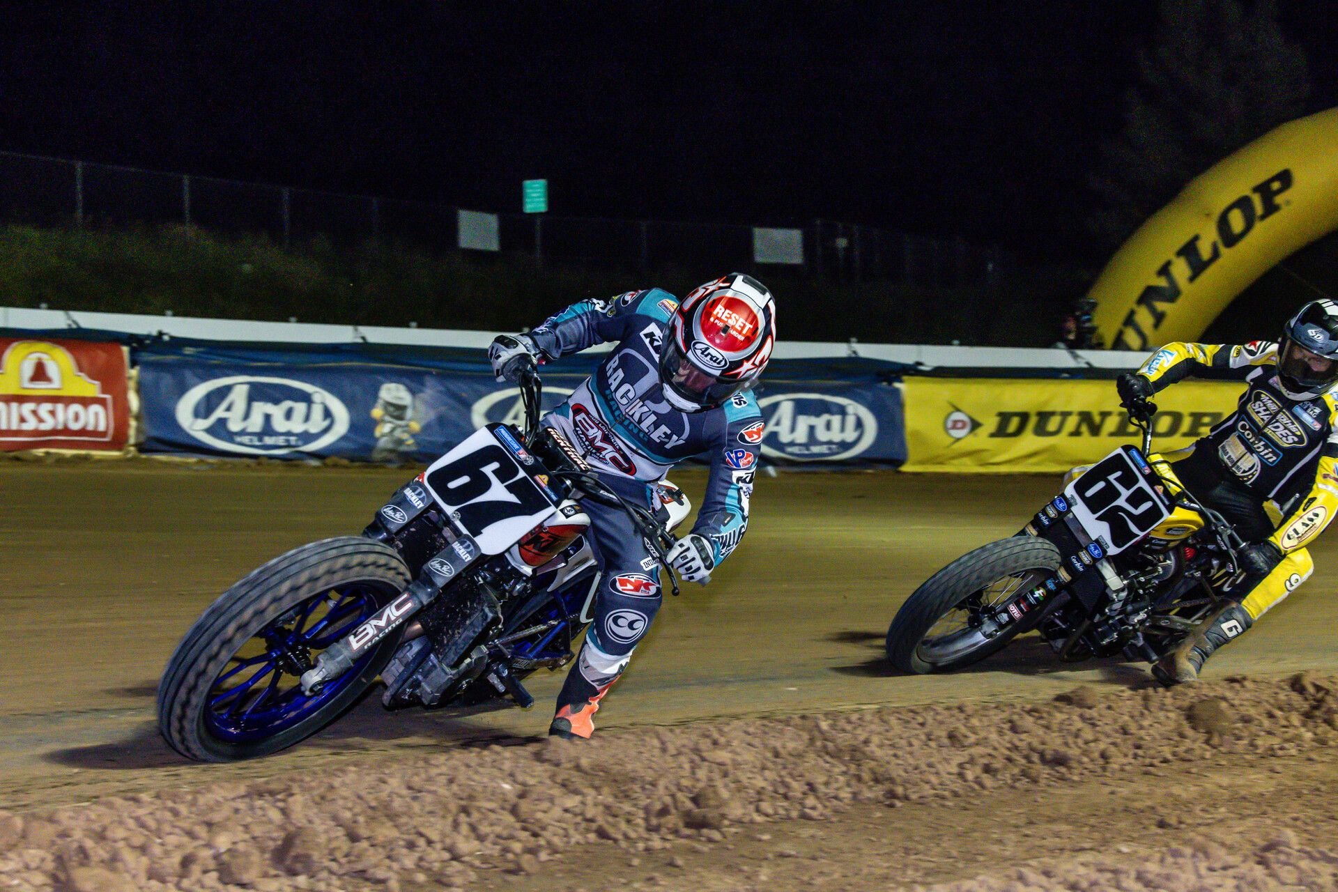 Davis Fisher (67) during Tuesday night's Mission AFT SuperTwins Main Event Photo by Tim Lester / courtesy American Flat Track