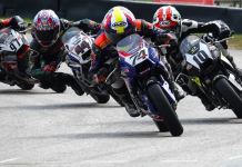 Kensei Matsudaira (74) made a dramatic last-lap pass on Mahdi Salem (10) to win the first GP190 race on Saturday. The two crashed together in race two, opening the way for Connor Raymond (44) to take the victory. Photo by Larry Lawrence