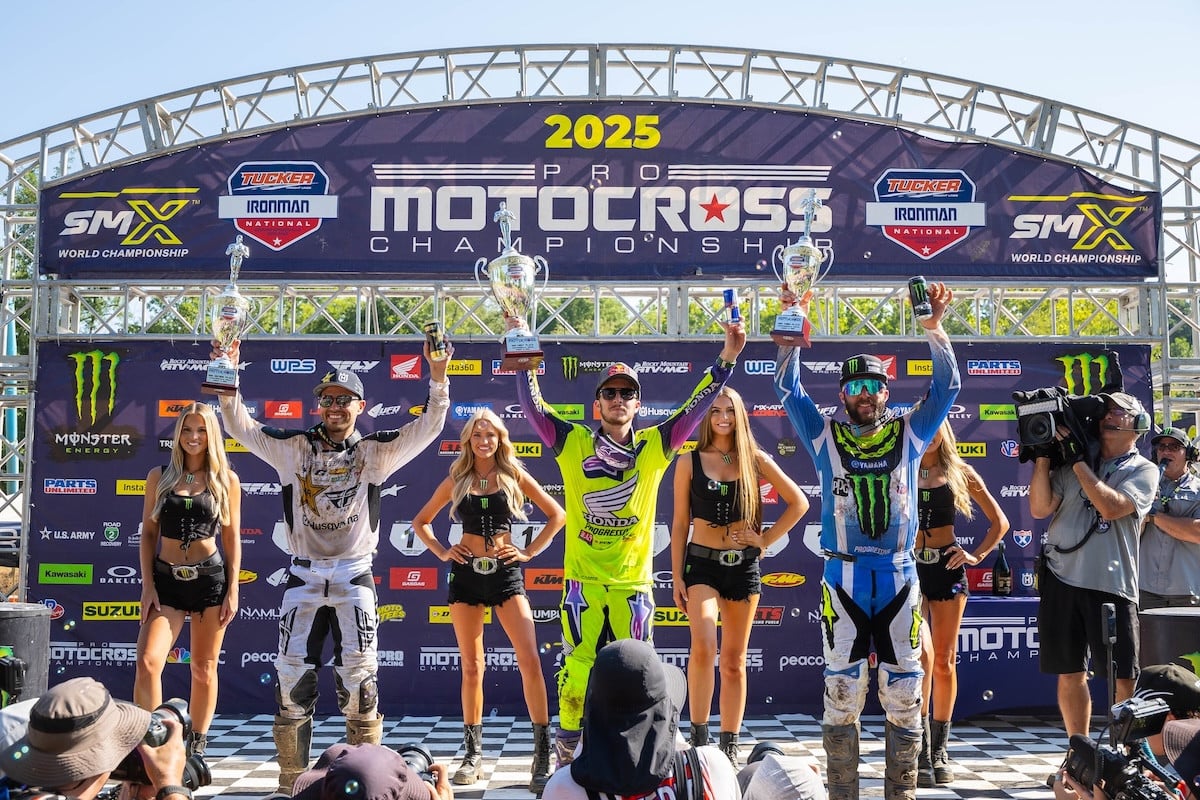 Podium picture with, from left to right, RJ Hampshire, Hunter Lawrence and Eli Tomac. Photo Credit: MX Sports Pro Racing, Inc.