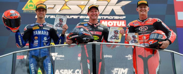 The SW-Motech Superbike overall top three: (L to R) Jones, Waters and Allerton. Photo by RbMotoLens