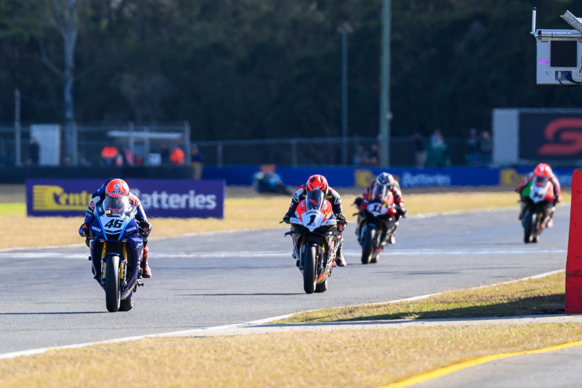 Jones (#46) powers to the finish line in race one ahead of Waters (#1), Pearson (#11) and Allerton
