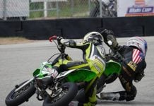 Chase Jazikoff leads Christian Berlowitz in the Stock 110 class race one on Saturday. It was one of the closest finishes of the day with Jazikoff taking the win. Photo by Larry Lawrence