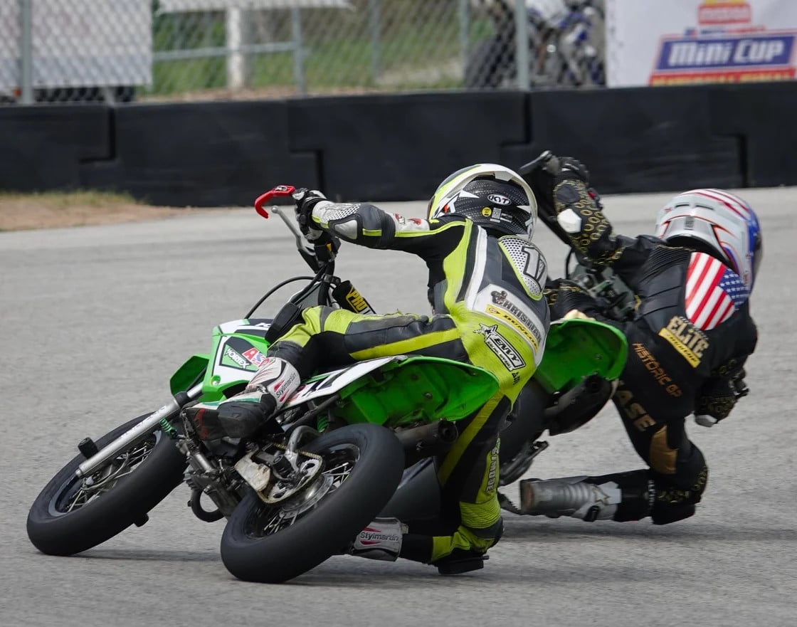 Chase Jazikoff leads Christian Berlowitz in the Stock 110 class race one on Saturday. It was one of the closest finishes of the day with Jazikoff taking the win. Photo by Larry Lawrence