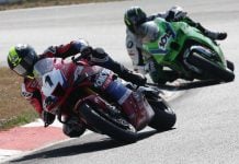 Ben Young (1) leads Jordan Szoke (101) through the final corner on his way to claiming victory and another GP Bikes Pro Superbike championship on Sunday at Canadian Tire Motorsport Park. Photo by Rob O'Brien.
