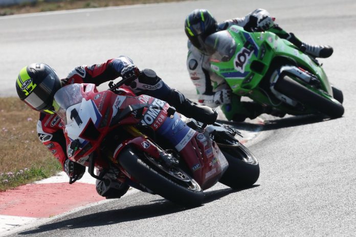 Ben Young (1) leads Jordan Szoke (101) through the final corner on his way to claiming victory and another GP Bikes Pro Superbike championship on Sunday at Canadian Tire Motorsport Park. Photo by Rob O'Brien.