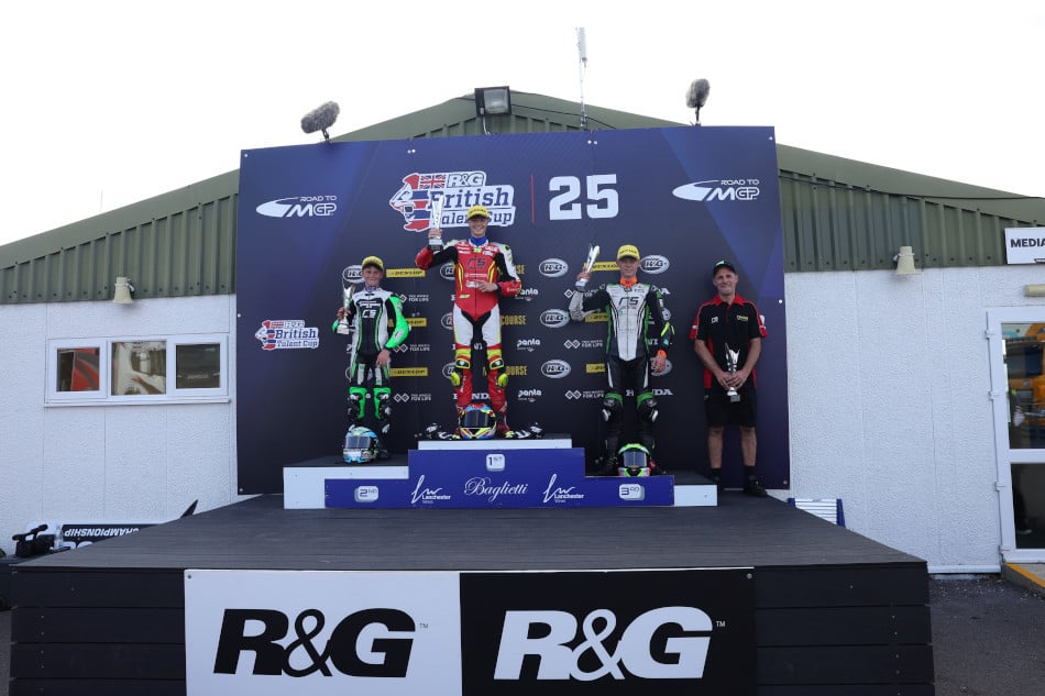 Podium picture with, from left to right, Ethan Sparks, Filip Surowiak and Harrison Mackay. Photo courtesy British Talent Cup.