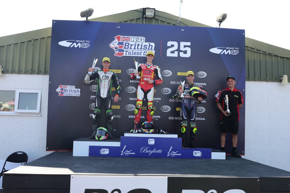 Podium picture with, from left to right, Harrison Mackay, Filip Surowiak and Ryan Frost. Photo courtesy British Talent Cup.