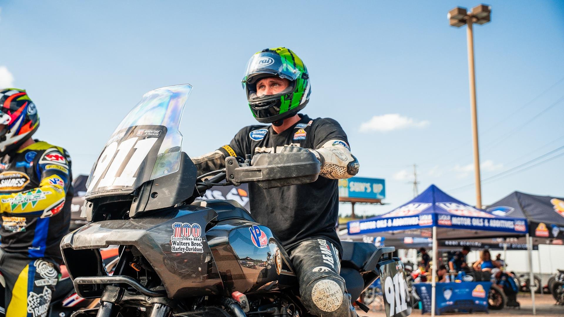 Henry Wiles (911) lines up on Tuesday at the Jackpine Gypsies MC in Sturgis during Round 11 Photo by Kristen Lassen / courtesy American Flat Track
