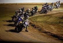 Dan Bromley (62) leads the AFT AdventureTrackers class Tuesday night at the Jackpine Gypsies MC in Sturgis during Round 11 Photo by Scott Hunter / courtesy American Flat Track
