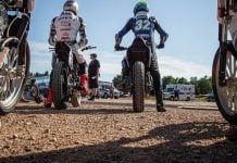 Briar Bauman (3) and Dallas Daniels (32) wait to enter the track at the Jackpine Gypsies MC in Sturgis during Round 10 Photo by Scott Hunter / courtesy American Flat Track