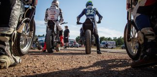 AFT: Preview Of The World Famous Peoria TT Briar Bauman (3) and Dallas Daniels (32) wait to enter the track at the Jackpine Gypsies MC in Sturgis during Round 10 Photo by Scott Hunter / courtesy American Flat Track
