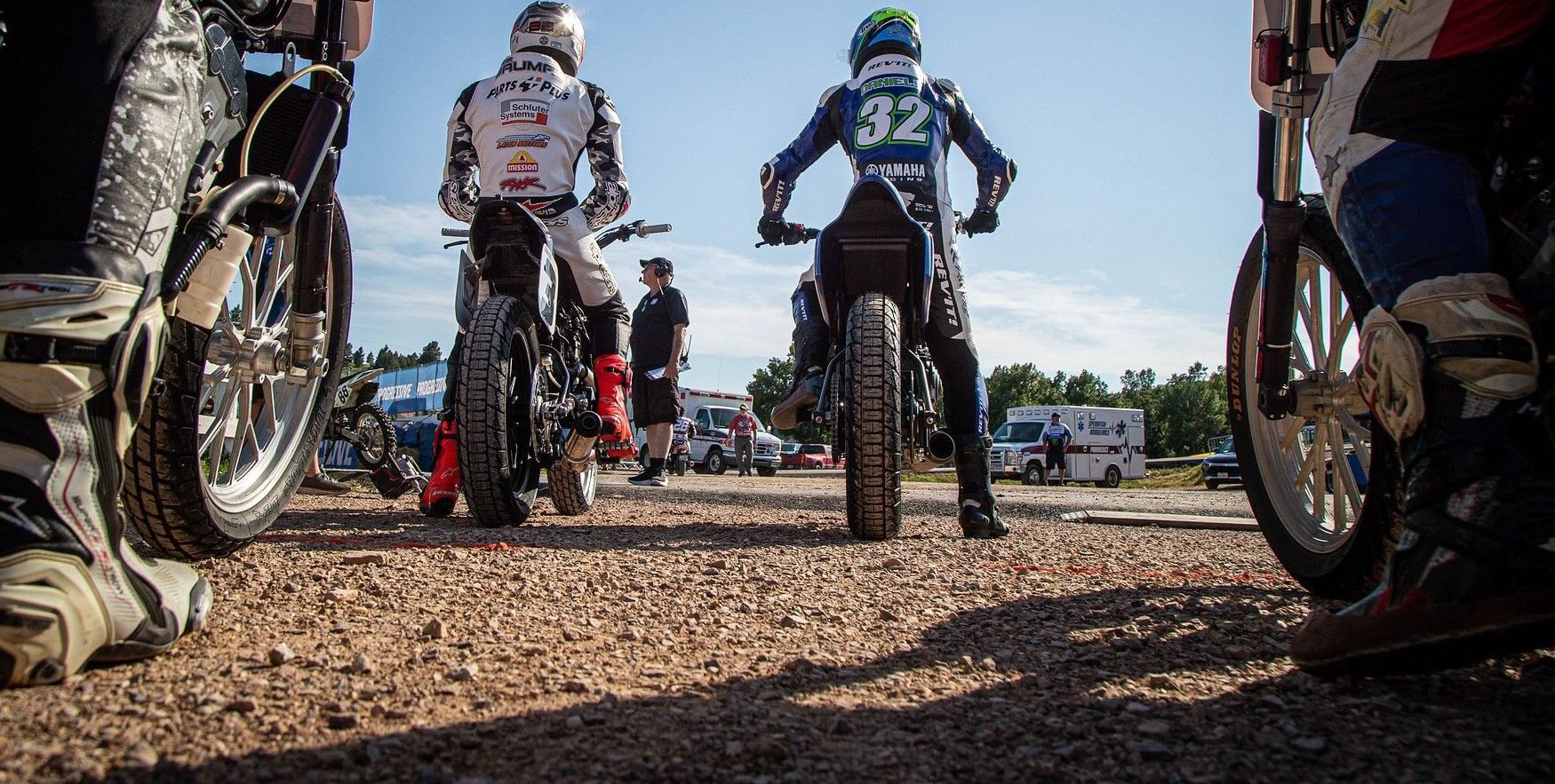 Briar Bauman (3) and Dallas Daniels (32) wait to enter the track at the Jackpine Gypsies MC in Sturgis during Round 10 Photo by Scott Hunter / courtesy American Flat Track