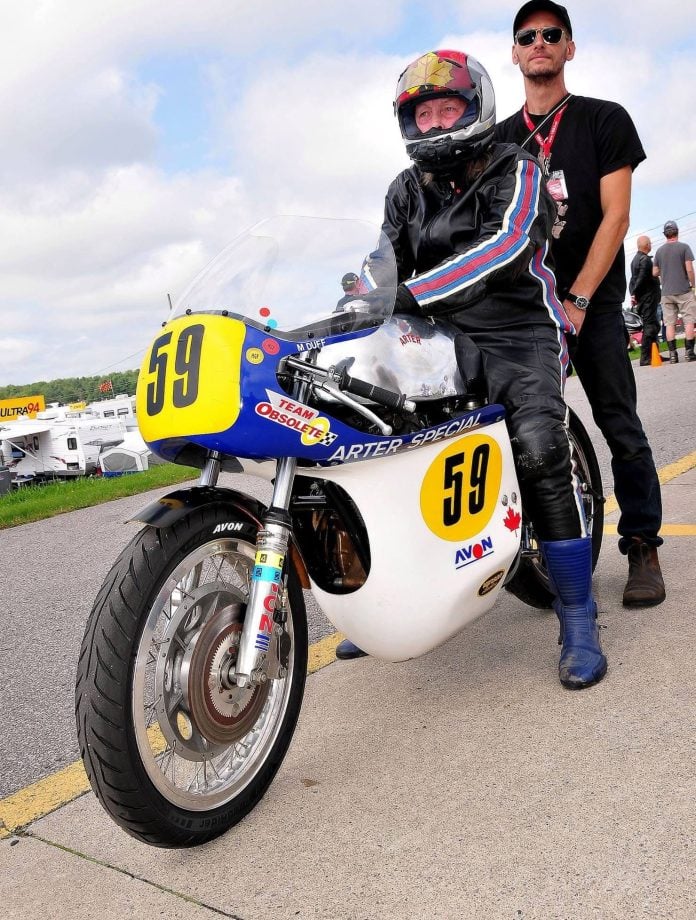Michelle Duff aboard the Arter Matchless g50 during the 50th anniversary of the Canadian GP. Photo from Rob Iannucci /Team Obsolete.