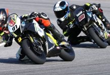 Early in the opening of three Motul MiniGP Canadian National races, Ethan Reardon leads Championship rival Jager Stockill – they would battel for first in each of the final events of the 2025 Canadian campagin, and will represent their country together in Spain this November. Photo courtesy Colin Fraser