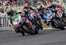 Lowes (22), Rea (65), Petrucci (9), Van der Mark (60) and Vierge (97) battling at Magny-Cours. Photo courtesy Dorna.