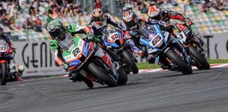 Lowes (22), Rea (65), Petrucci (9), Van der Mark (60) and Vierge (97) battling at Magny-Cours. Photo courtesy Dorna.