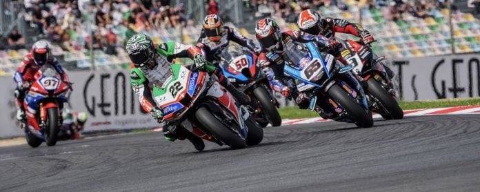 Lowes (22), Rea (65), Petrucci (9), Van der Mark (60) and Vierge (97) battling at Magny-Cours. Photo courtesy Dorna.