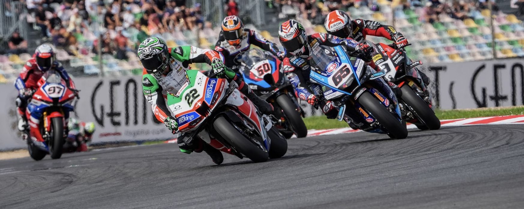 Lowes (22), Rea (65), Petrucci (9), Van der Mark (60) and Vierge (97) battling at Magny-Cours. Photo courtesy Dorna.