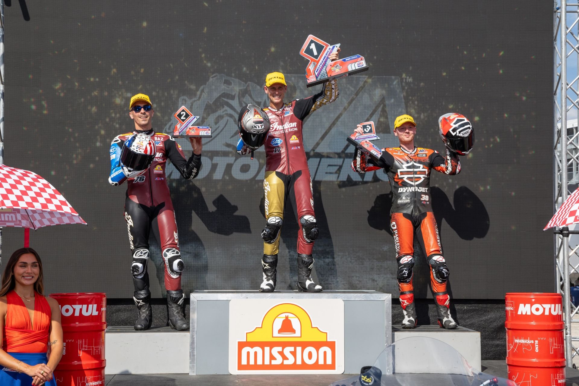 MotoAmerica Mission King of the Baggers race 2 podium with, from left to right, Loris Baz, Troy Herfoss and Bradley Smith. Photo courtesy Indian Motorcycle.