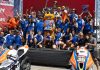 Members of the OrangeCat Racing team gathered in victory circle at Circuit of the Americas in Austin, Texas, on Sunday after the final race of the 2025 MotoAmerica Stock 1000 season. Photo by Brian J. Nelson