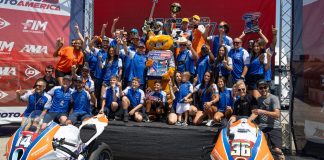 Members of the OrangeCat Racing team gathered in victory circle at Circuit of the Americas in Austin, Texas, on Sunday after the final race of the 2025 MotoAmerica Stock 1000 season. Photo by Brian J. Nelson
