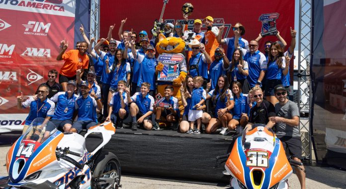 Members of the OrangeCat Racing team gathered in victory circle at Circuit of the Americas in Austin, Texas, on Sunday after the final race of the 2025 MotoAmerica Stock 1000 season. Photo by Brian J. Nelson