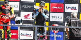 Julian Correa on the podium at Circuito de Navarra, in Spain. Photo by Life be Lucky Photography