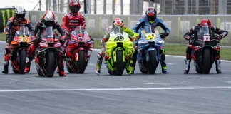 From left to right, Acosta (37), Bezzecchi (72), Bagnaia (63), Di Giannantonio (49), Aldeguer (54) and Savadori (32) at Montmelo. Photo courtesy Dorna.