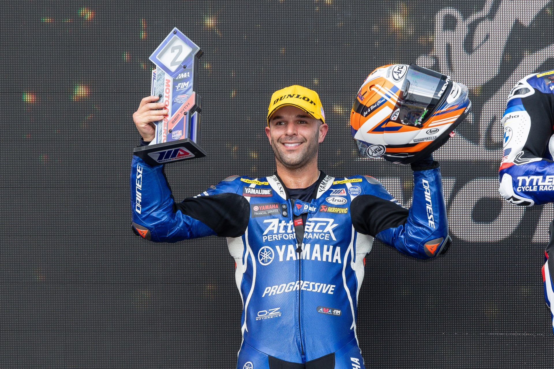 Bobby Fong on the podium at COTA. Photo courtesy Attack Performance Progressive Yamaha.