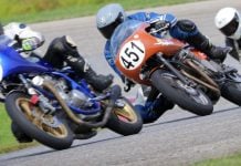 Jeff Hargis (84), Brady Ingelse (451), and Tony Read (50) battle at Nelson Ledges in AHRMA’s Formula 750 race. Photo Credit Craig Chawla.