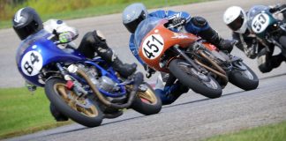 Jeff Hargis (84), Brady Ingelse (451), and Tony Read (50) battle at Nelson Ledges in AHRMA’s Formula 750 race. Photo Credit Craig Chawla.