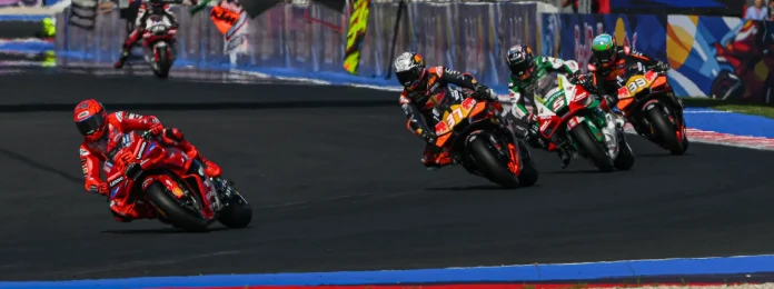 Marc Marquez (93), Pedro Acosta (37), Johann Zarco (5) and Brad Binder (33) at Misano. Photo courtesy Dorna.