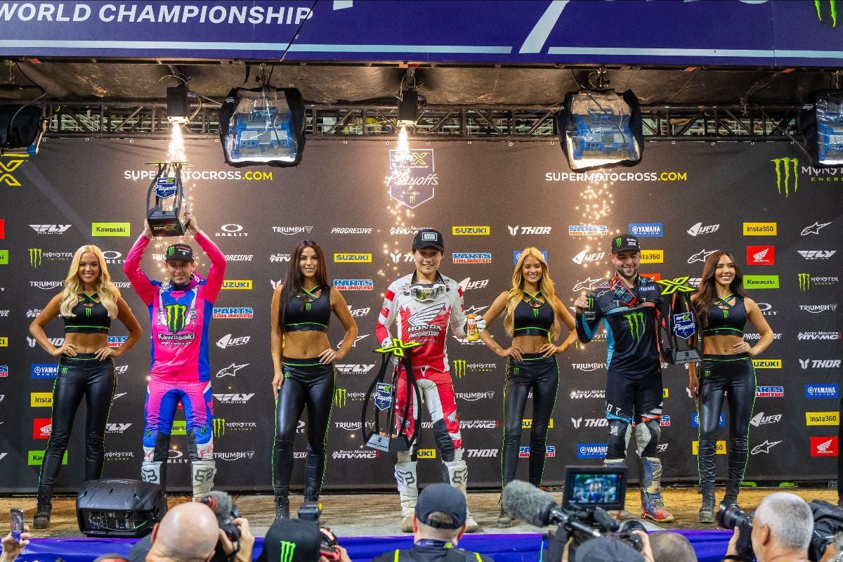250SMX Class podium (riders left to right) Seth Hammaker, Jo Shimoda, and Nate Thrasher.