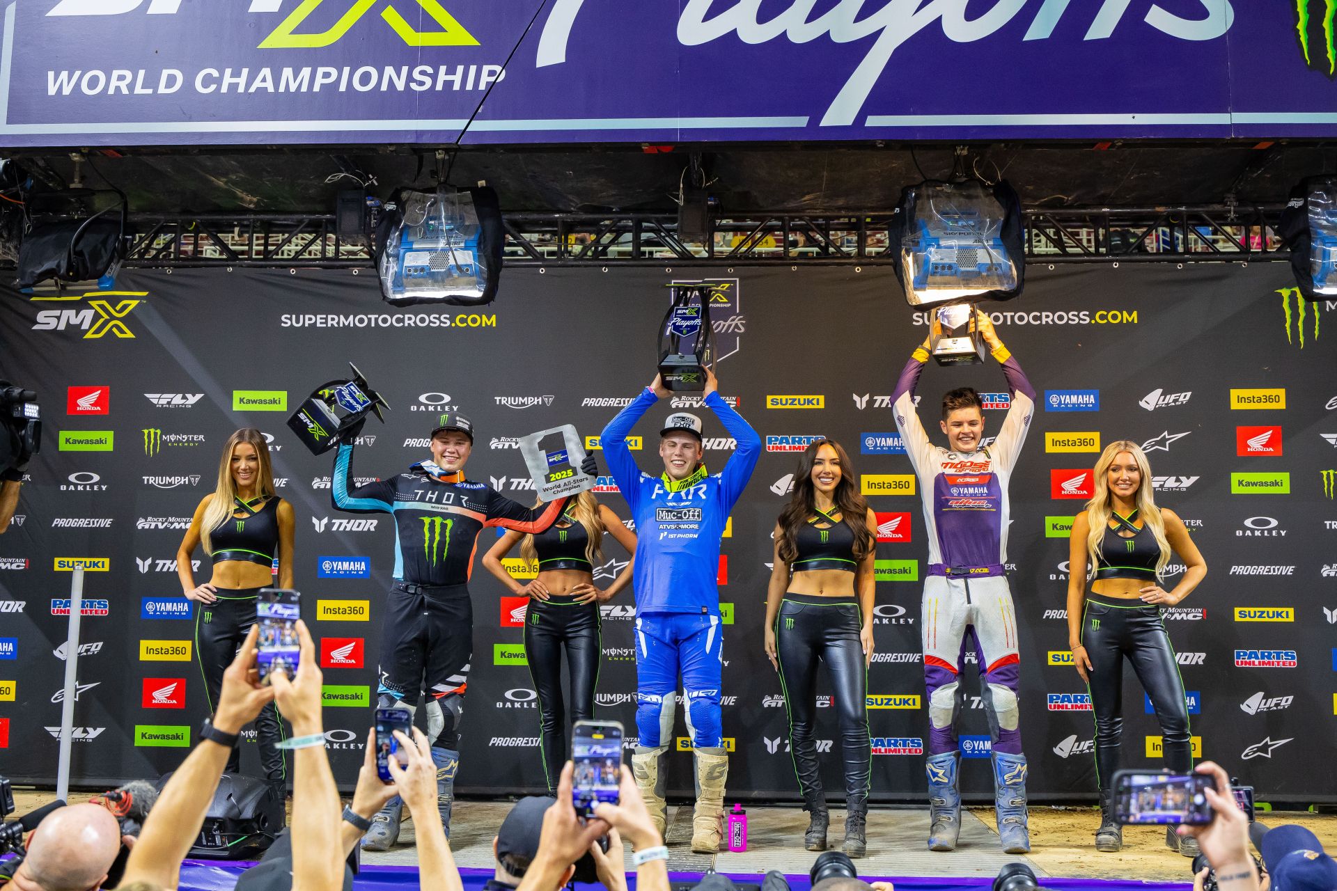 SMX Next World All-Stars podium (riders left to right) Kayden Minear, Ryder Malinoski, Kade Johnson