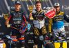 Podium at 2025 FIM Flat Track World Championship in Vasad. Photo credit Štěpán Ševčík / courtesy FIM Track Racing
