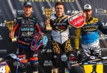 Podium at 2025 FIM Flat Track World Championship in Vasad. Photo credit Štěpán Ševčík / courtesy FIM Track Racing