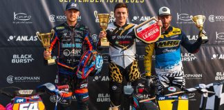 Podium at 2025 FIM Flat Track World Championship in Vasad. Photo credit Štěpán Ševčík / courtesy FIM Track Racing