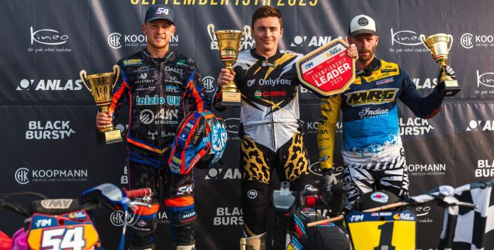 Podium at 2025 FIM Flat Track World Championship in Vasad. Photo credit Štěpán Ševčík / courtesy FIM Track Racing