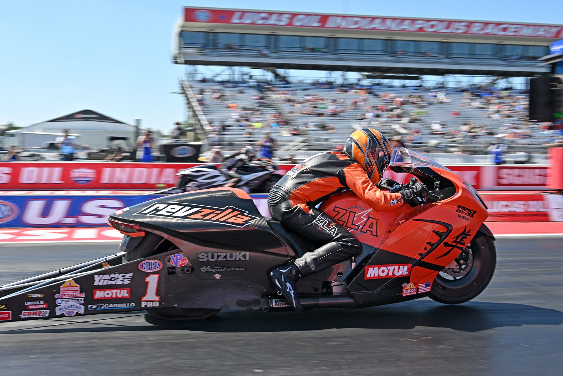 Gaige Herrera powers his RevZilla/Motul/Vance & Hines Suzuki Gen 3 Hayabusa to victory at the U.S. Nationals. Photo courtesy Suzuki Motor USA.