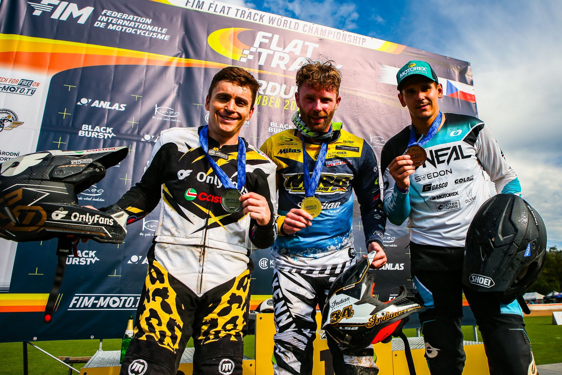 Championship Podium at 2025 FIM Flat Track World Championship in Pardubice. Photo credit Jesper Veldhuizen