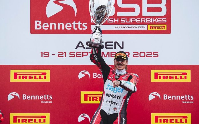 Scott Redding on the podium after his victory at TT Circuit Assen. Photo courtesy BSB.