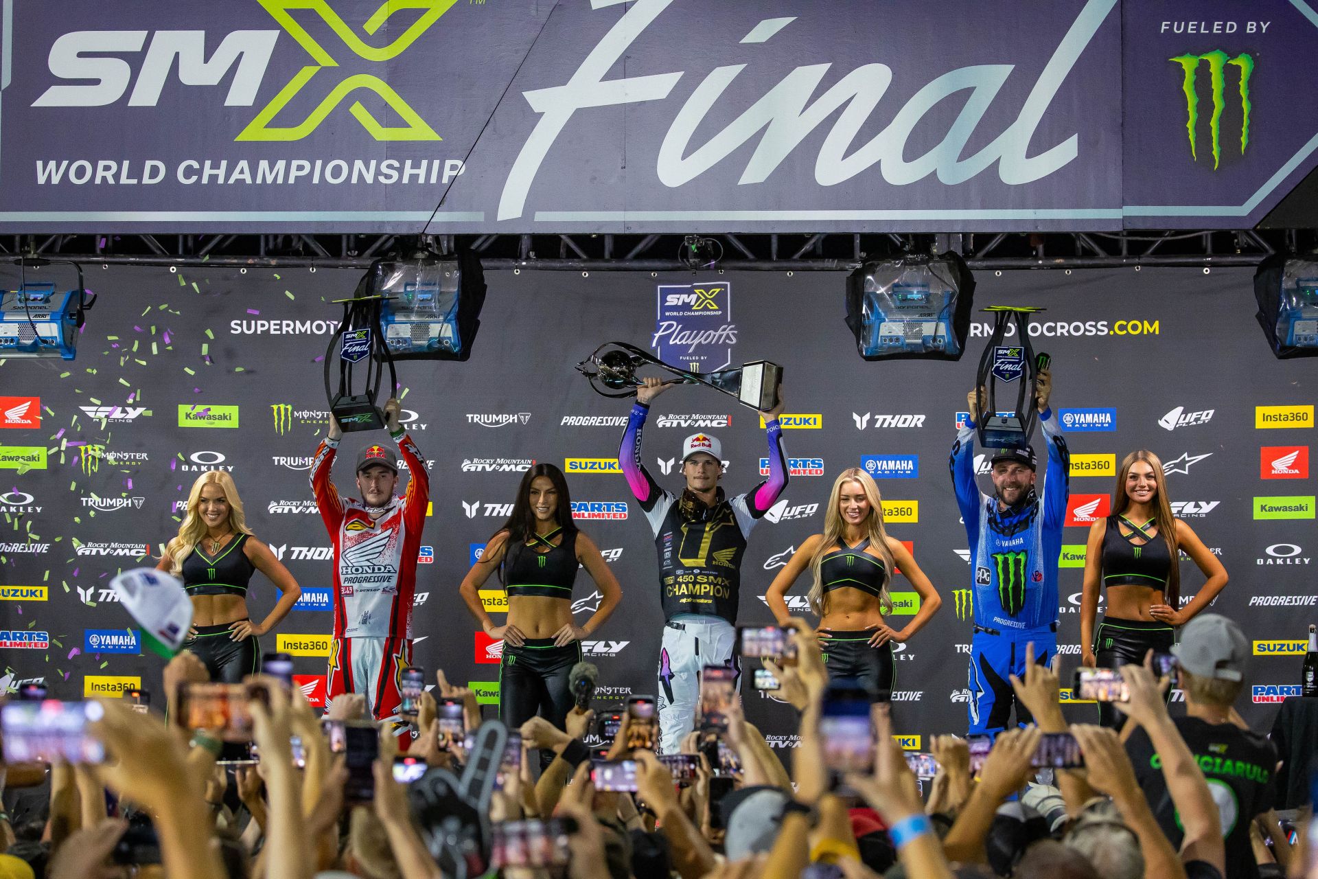 450SMX Class podium (riders left to right) Hunter Lawrence, Jett Lawrence, and Eli Tomac. Photo credit Feld Motor Sports
