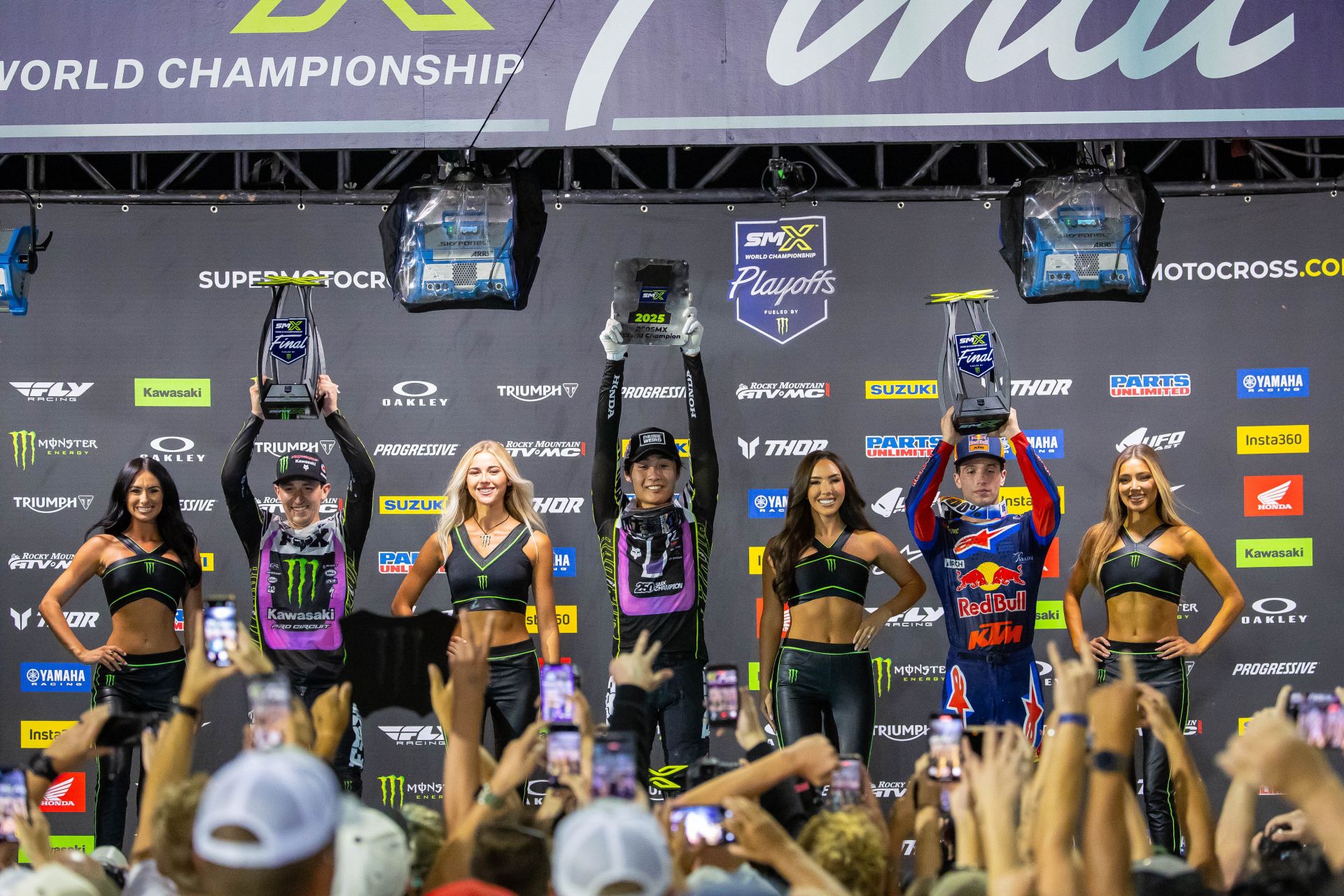 250SMX Class podium (riders left to right) Seth Hammaker, Jo Shimoda, and Tom Vialle. Photo credit Feld Motor Sports