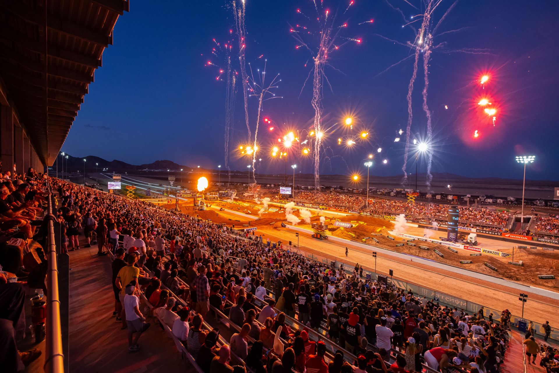 The SMX World Championship Final crowned two champions at The Strip at Las Vegas Motor Speedway, including the first Japanese rider to win an SMX title. The warm, clear night sky was electrified with racing excitement in the glow of downtown Las Vegas. Photo credit Feld Motor Sports.
