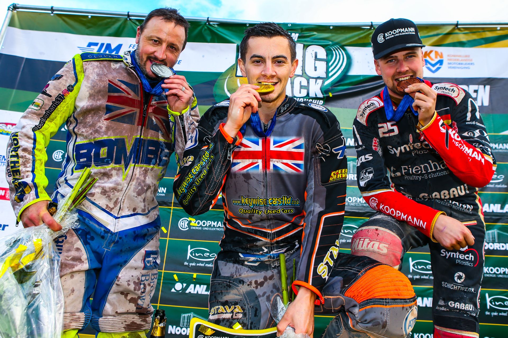 Championship Podium at 2025 FIM Long Track World Championship, Roden. Photo credit Jesper Veldhuizen
